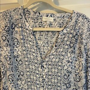 Lucky Brand Blue and White Buttoned Blouse with Mandarin Collar